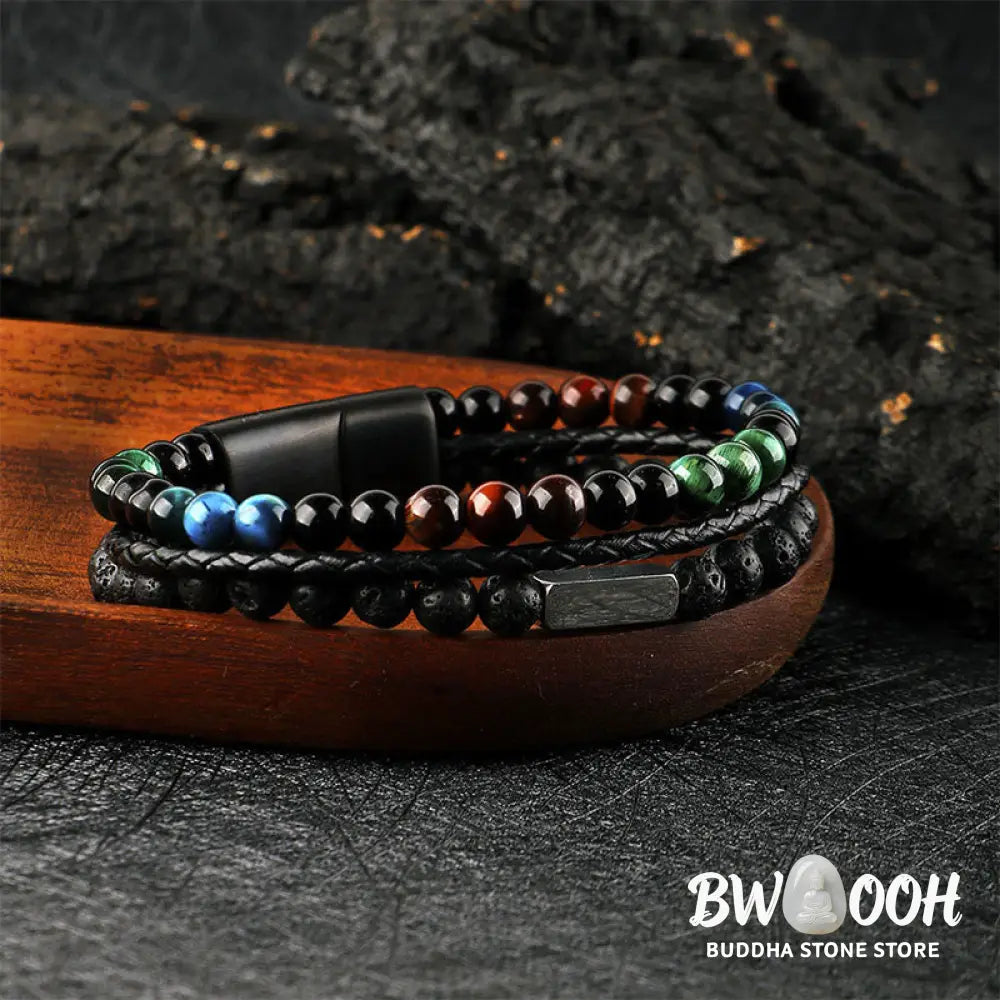 Buddha Stones Tiger Eye Lava Rock Bead Braided Strength Leather Bracelet - Tiger Eye Lava Rock(Wrist Circumference: