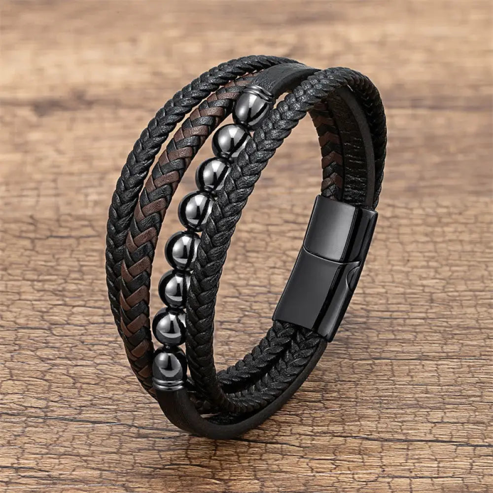 Buddha Stones Tiger Eye Lava Rock Black Onyx Lazurite Lapis Lazuli Hematite Bead Positive Leather Bracelet - Hematite