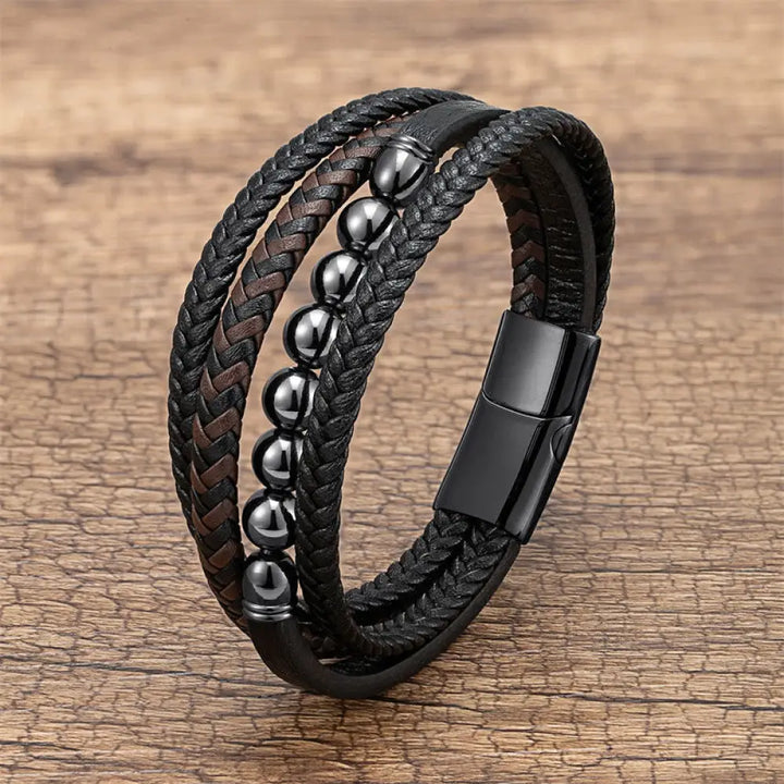 Buddha Stones Tiger Eye Lava Rock Black Onyx Lazurite Lapis Lazuli Hematite Bead Positive Leather Bracelet - Hematite