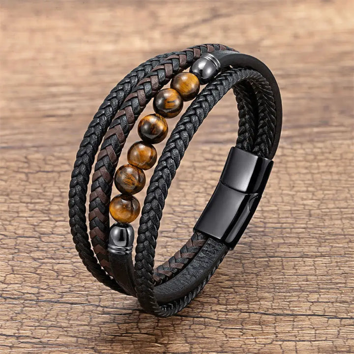 Buddha Stones Tiger Eye Lava Rock Black Onyx Lazurite Lapis Lazuli Hematite Bead Positive Leather Bracelet - Tiger Eye