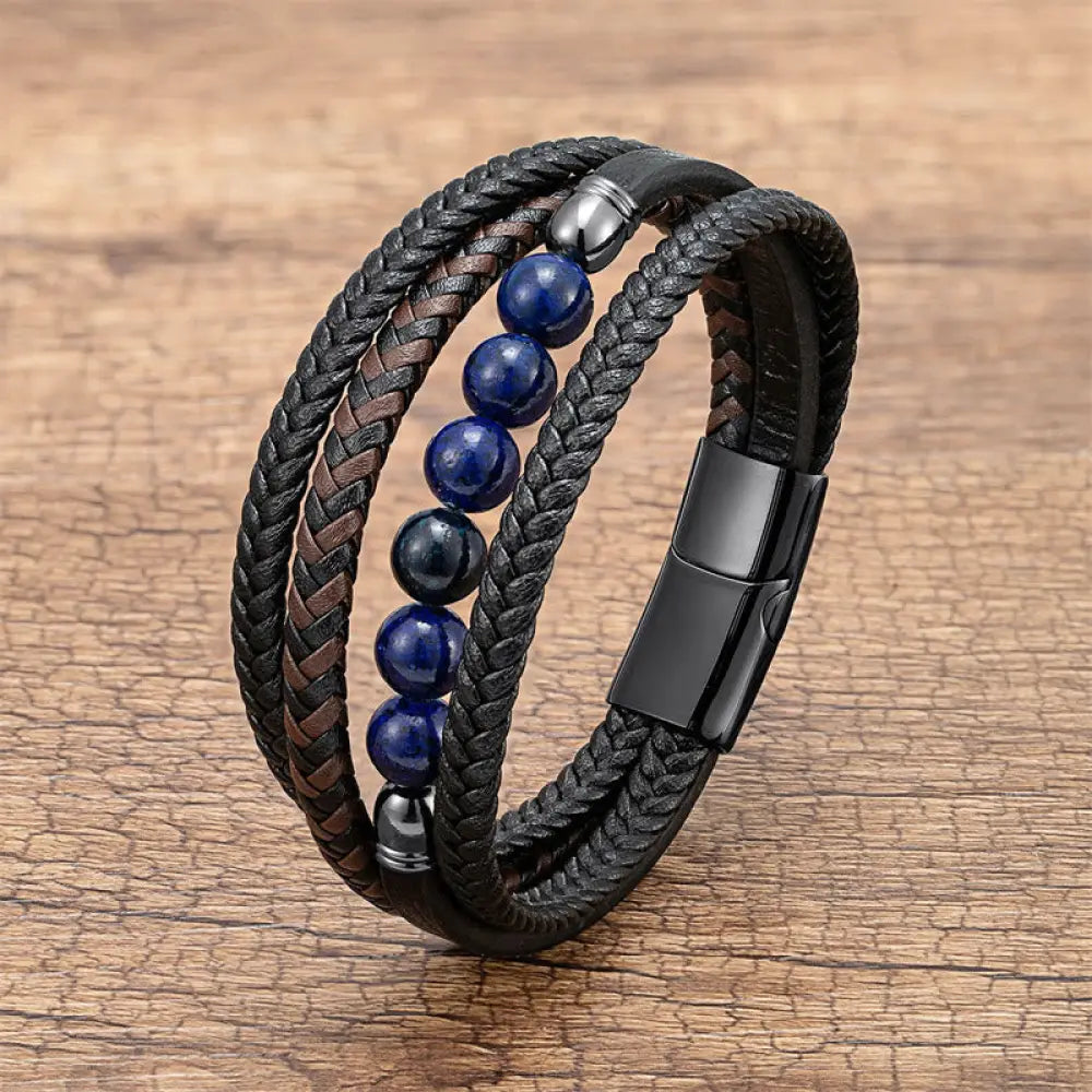 Buddha Stones Tiger Eye Lava Rock Black Onyx Lazurite Lapis Lazuli Hematite Bead Positive Leather Bracelet - Lazurite