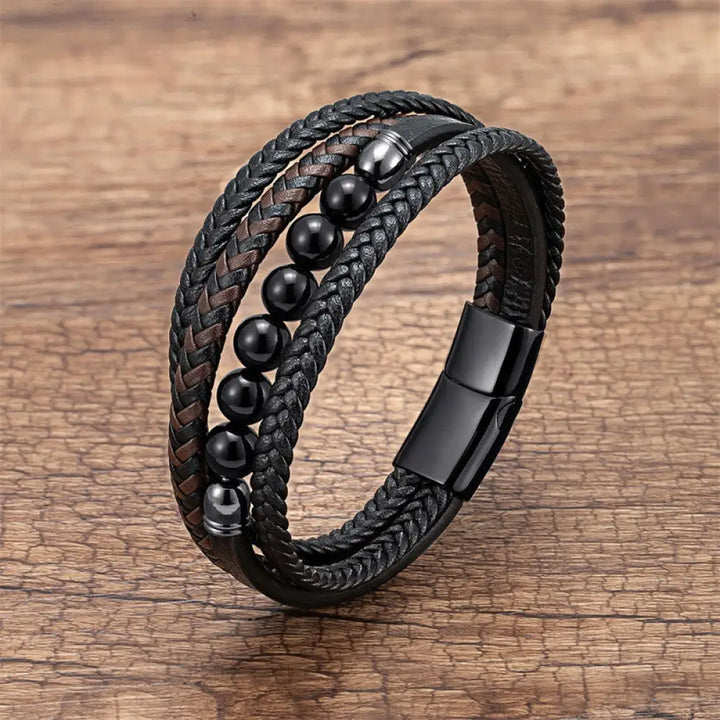 Buddha Stones Tiger Eye Lava Rock Black Onyx Lazurite Lapis Lazuli Hematite Bead Positive Leather Bracelet - Black Onyx