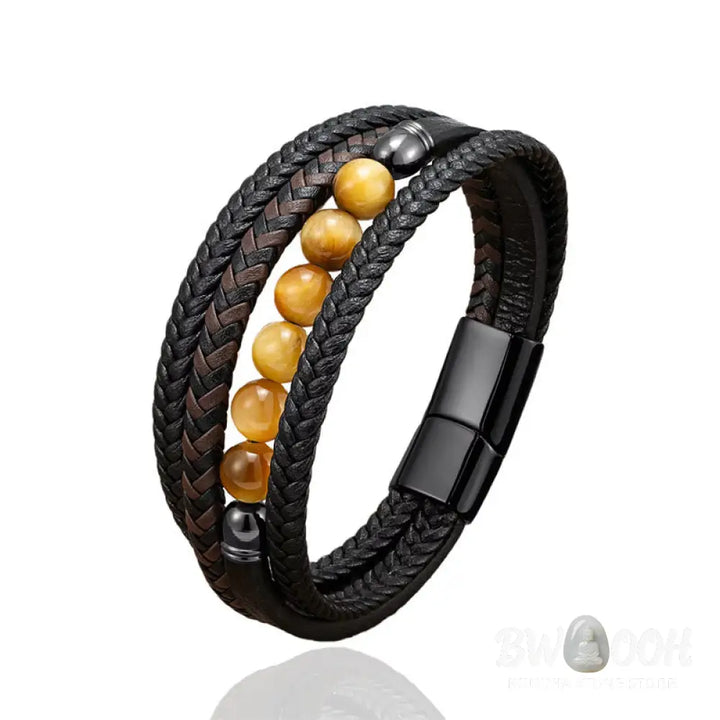 Buddha Stones Tiger Eye Lava Rock Black Onyx Lazurite Lapis Lazuli Hematite Bead Positive Leather Bracelet - Bracelet