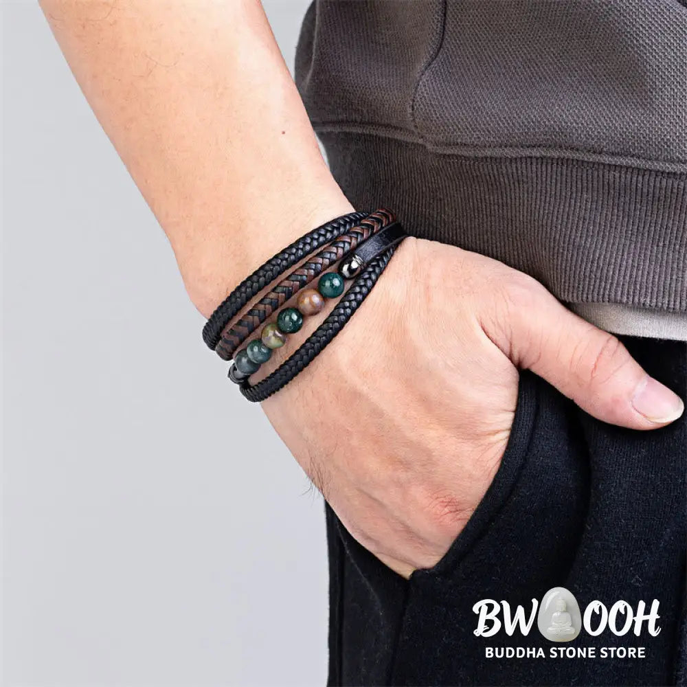 Buddha Stones Tiger Eye Lava Rock Black Onyx Lazurite Lapis Lazuli Hematite Bead Positive Leather Bracelet - Bracelet