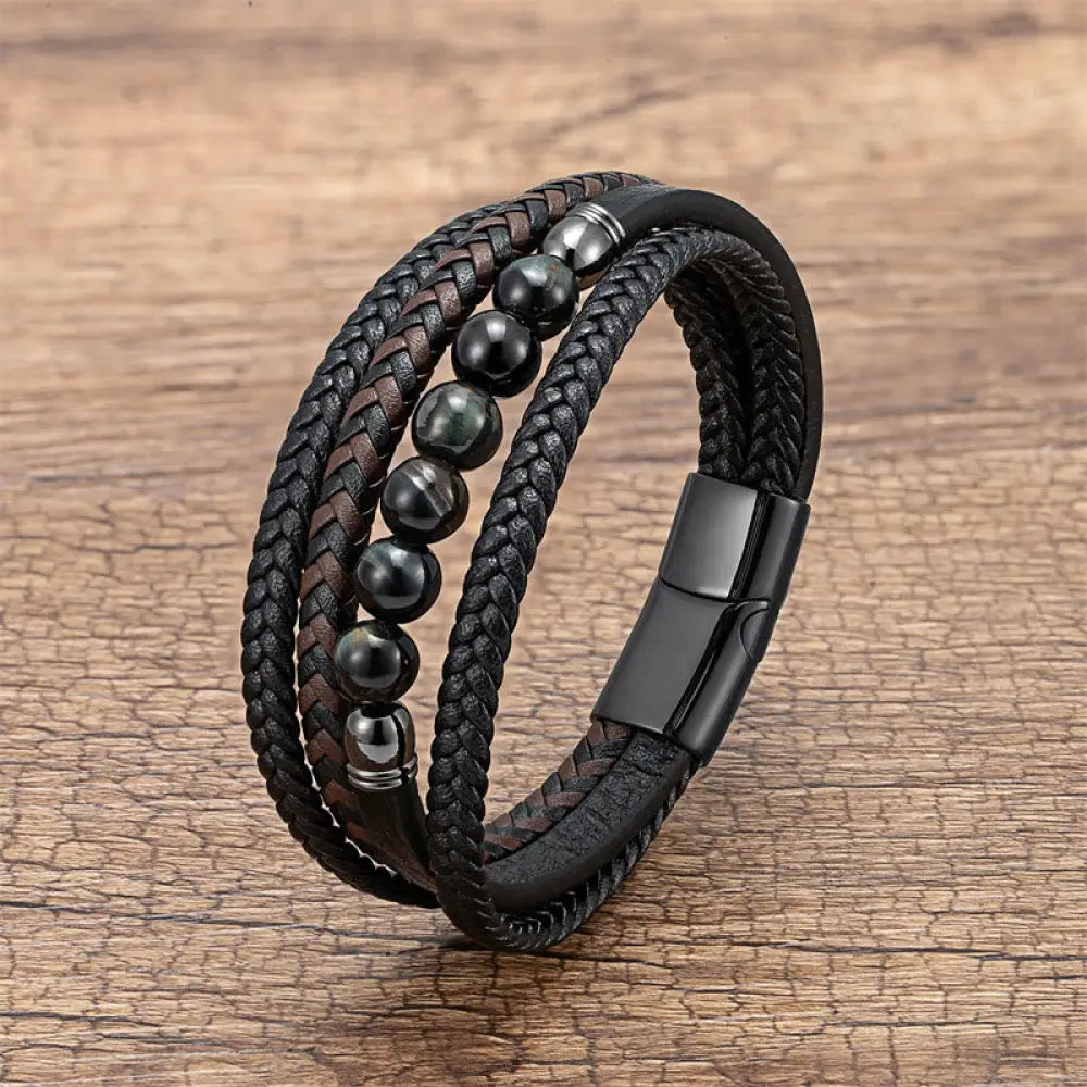Buddha Stones Tiger Eye Lava Rock Black Onyx Lazurite Lapis Lazuli Hematite Bead Positive Leather Bracelet - Agate