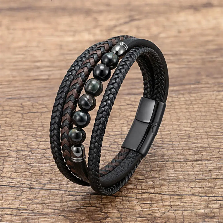 Buddha Stones Tiger Eye Lava Rock Black Onyx Lazurite Lapis Lazuli Hematite Bead Positive Leather Bracelet - Agate