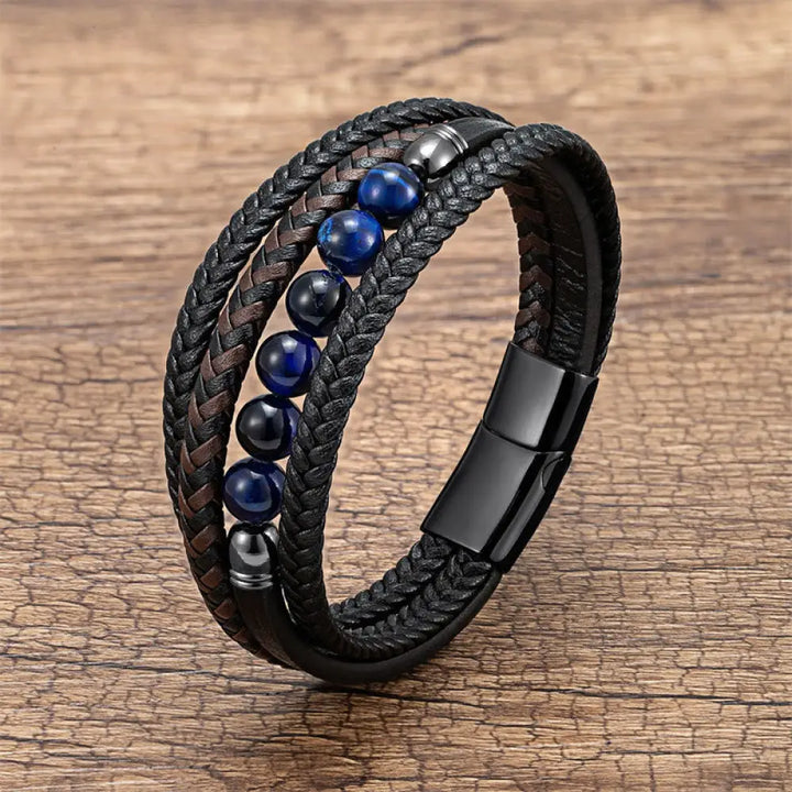 Buddha Stones Tiger Eye Lava Rock Black Onyx Lazurite Lapis Lazuli Hematite Bead Positive Leather Bracelet - Blue Tiger
