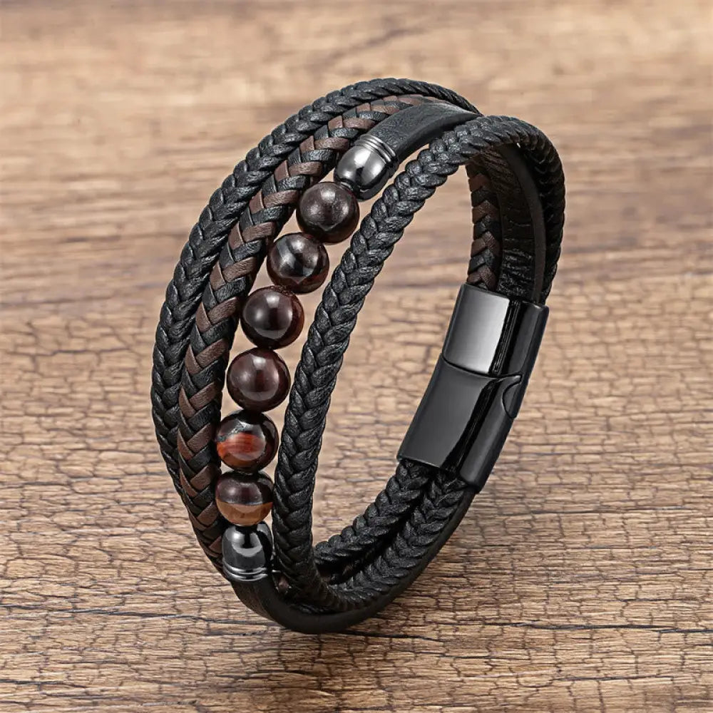 Buddha Stones Tiger Eye Lava Rock Black Onyx Lazurite Lapis Lazuli Hematite Bead Positive Leather Bracelet - Brown Red