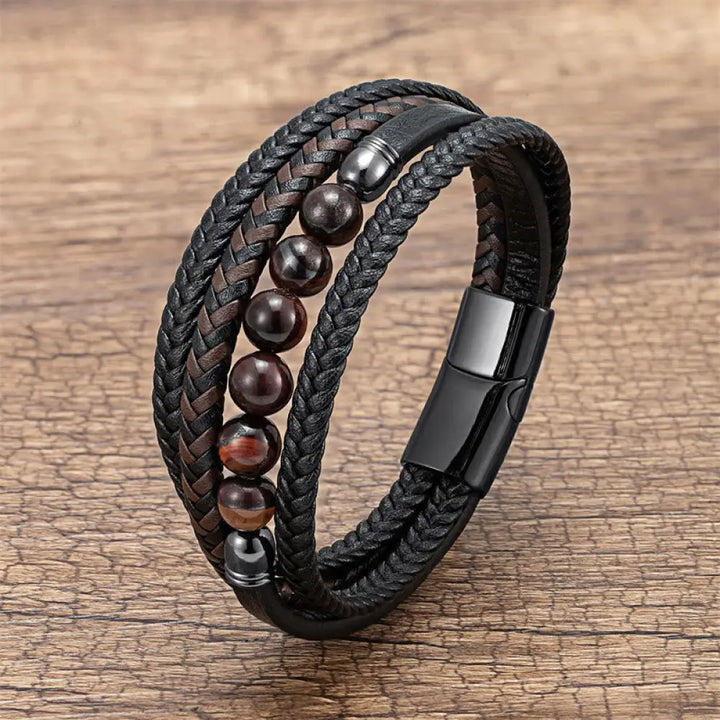 Buddha Stones Tiger Eye Lava Rock Black Onyx Lazurite Lapis Lazuli Hematite Bead Positive Leather Bracelet - Brown Red