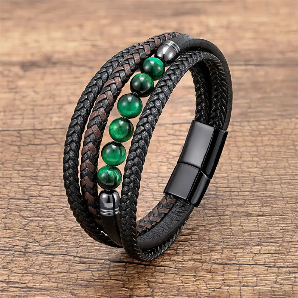 BWOOOH Tiger Eye Lava Rock Black Onyx Lazurite Lapis Lazuli Hematite Bead Positive Leather Bracelet - Green