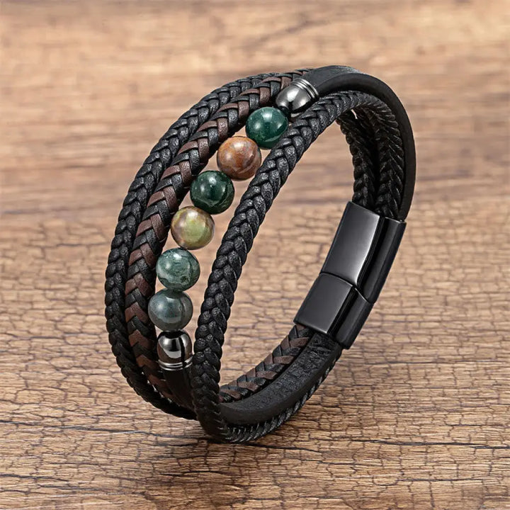Buddha Stones Tiger Eye Lava Rock Black Onyx Lazurite Lapis Lazuli Hematite Bead Positive Leather Bracelet - Indian