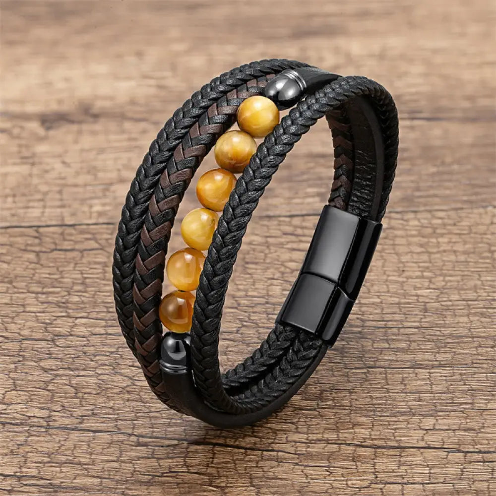 Buddha Stones Tiger Eye Lava Rock Black Onyx Lazurite Lapis Lazuli Hematite Bead Positive Leather Bracelet - Yellow