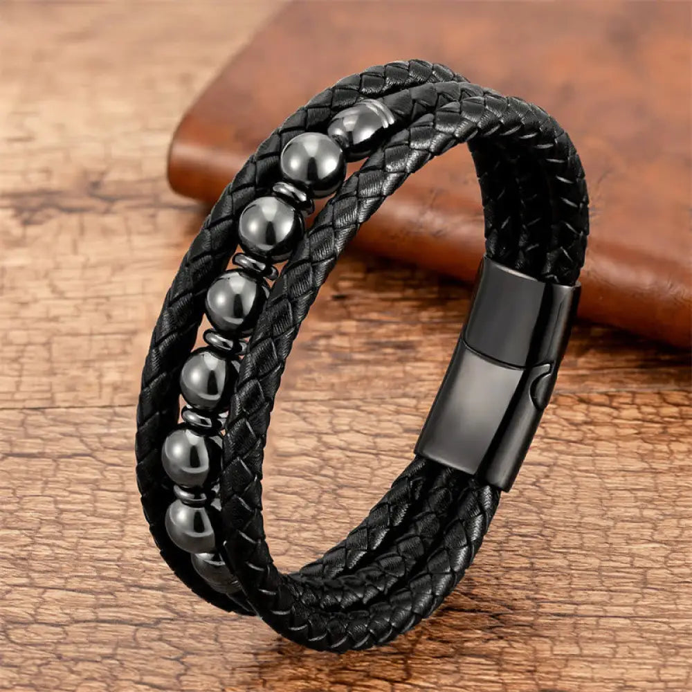 Buddha Stones Tiger Eye Lava Rock Hematite Black Onyx Bead Positive Leather Bracelet - BWOOOH - Hematite / 16-18cm