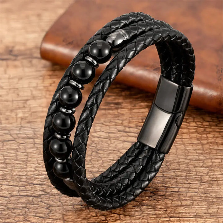 Buddha Stones Tiger Eye Lava Rock Hematite Black Onyx Bead Positive Leather Bracelet - BWOOOH - Black Onyx / 16-18cm