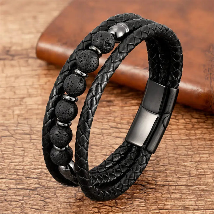 Buddha Stones Tiger Eye Lava Rock Hematite Black Onyx Bead Positive Leather Bracelet - BWOOOH - Lava Rock / 16-18cm