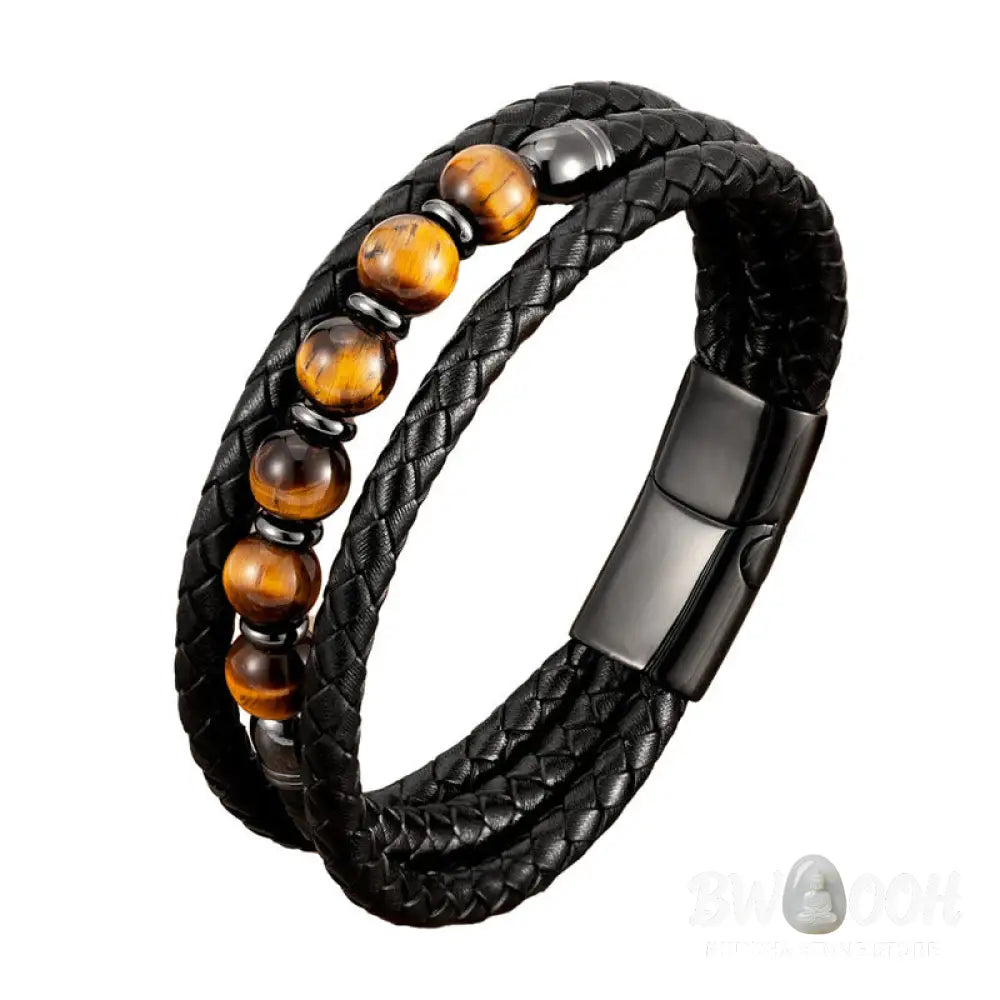 Buddha Stones Tiger Eye Lava Rock Hematite Black Onyx Bead Positive Leather Bracelet - BWOOOH - Bracelet