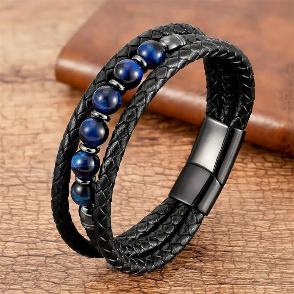Buddha Stones Tiger Eye Lava Rock Hematite Black Onyx Bead Positive Leather Bracelet - BWOOOH - Blue Tiger Eye