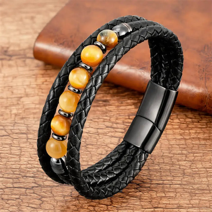 Buddha Stones Tiger Eye Lava Rock Hematite Black Onyx Bead Positive Leather Bracelet - BWOOOH - Gold Tiger Eye