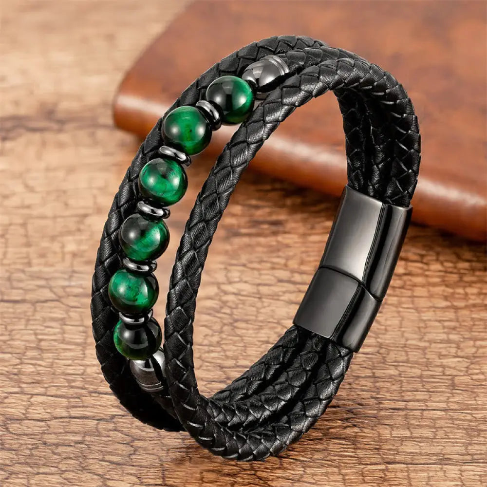 BWOOOH Tiger Eye Lava Rock Hematite Black Onyx Bead Positive Leather Bracelet - BWOOOH - Green Tiger Eye