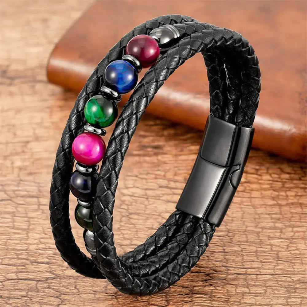 Buddha Stones Tiger Eye Lava Rock Hematite Black Onyx Bead Positive Leather Bracelet - BWOOOH - Multi-Color Tiger Eye