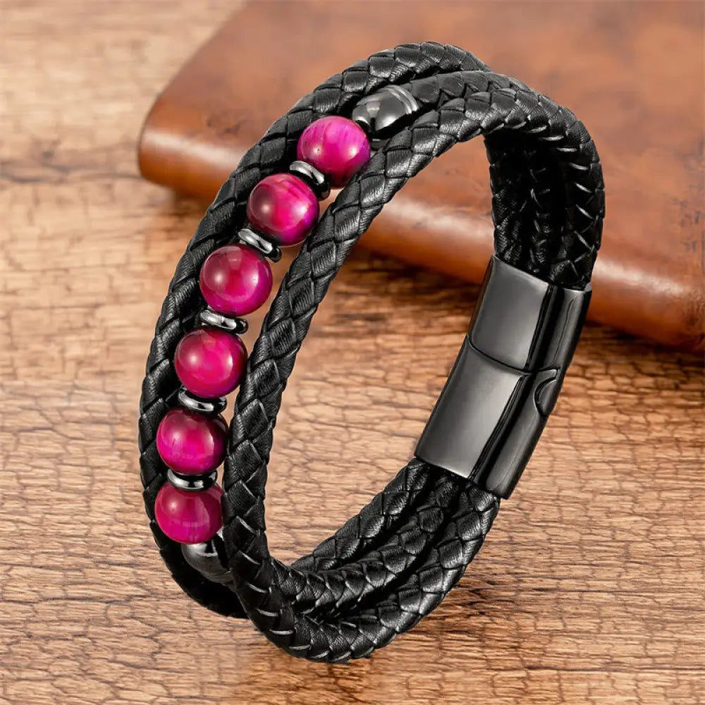 Buddha Stones Tiger Eye Lava Rock Hematite Black Onyx Bead Positive Leather Bracelet - BWOOOH - Rose Red Tiger Eye