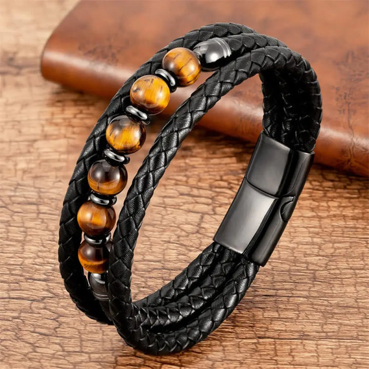 Buddha Stones Tiger Eye Lava Rock Hematite Black Onyx Bead Positive Leather Bracelet - BWOOOH - Yellow Tiger Eye