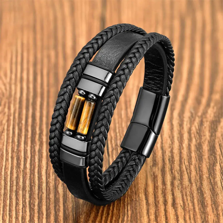 BWOOOH Tiger Eye Lazurite Hematite Picture Jasper Black Onyx Strength Multi-layer Leather Bracelet - BWOOOH