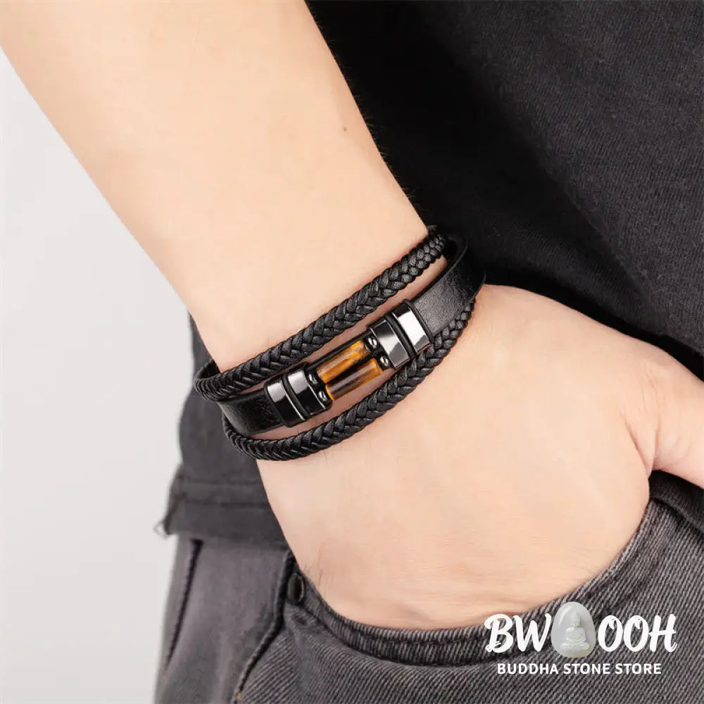 Buddha Stones Tiger Eye Lazurite Hematite Picture Jasper Black Onyx Strength Multi-layer Leather Bracelet - BWOOOH