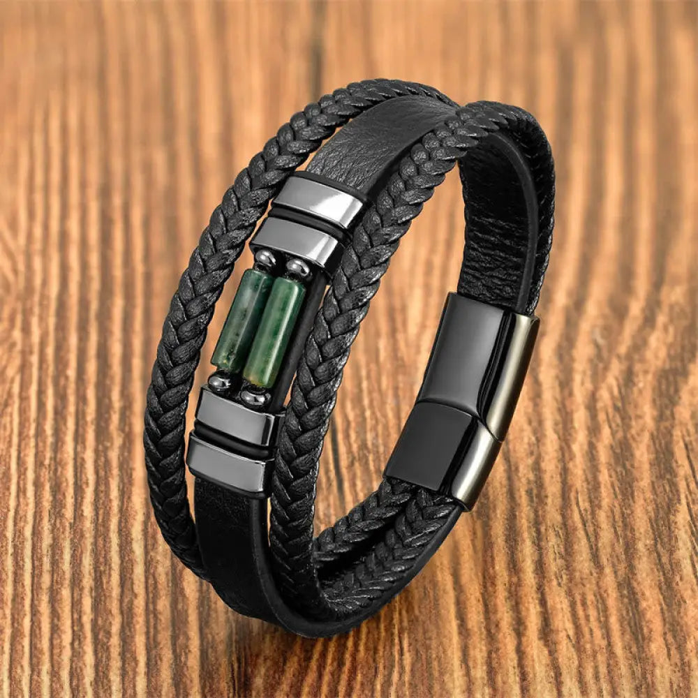 Buddha Stones Tiger Eye Lazurite Hematite Picture Jasper Black Onyx Strength Multi-layer Leather Bracelet - BWOOOH