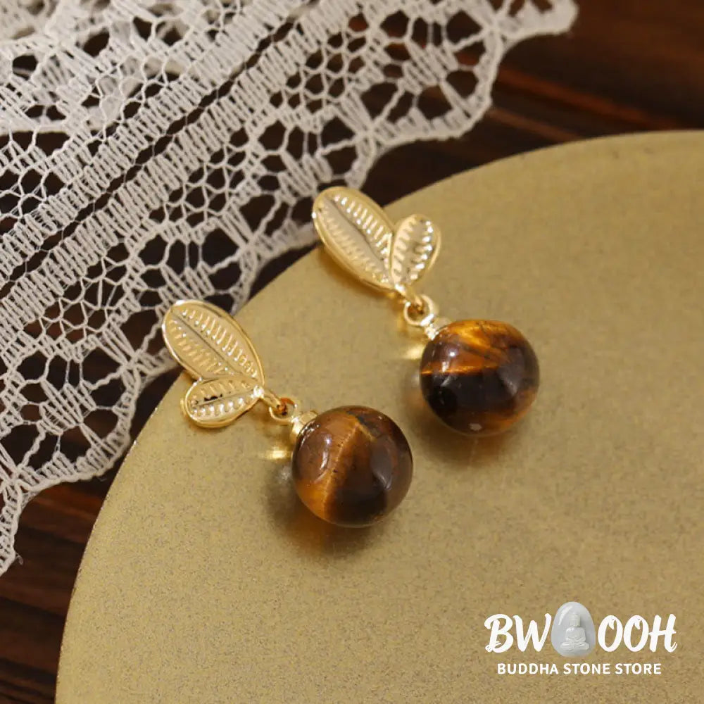 Buddha Stones Tiger Eye Leaves Design Copper Protection Earrings - 8mm Tiger Eye(Copper Posts) - Earrings