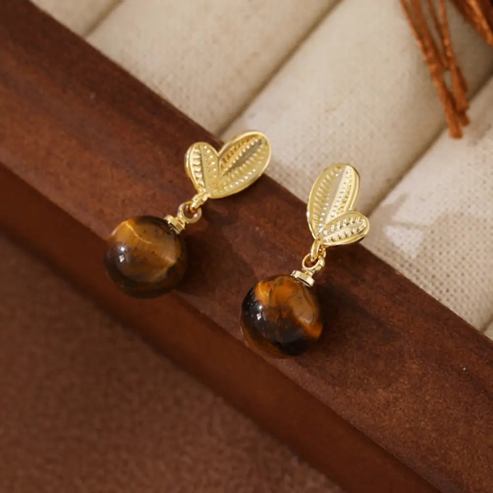 Buddha Stones Tiger Eye Leaves Design Copper Protection Earrings - 8mm Tiger Eye(Copper Posts) - Earrings