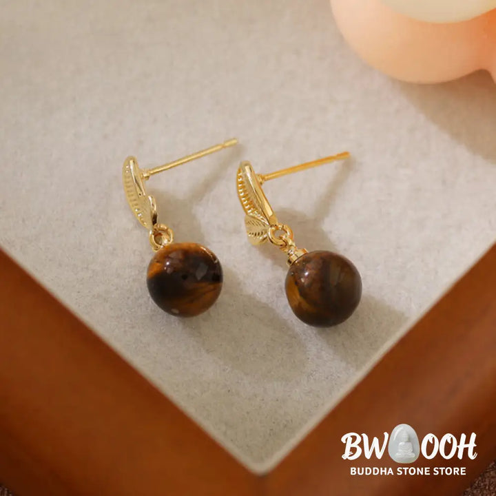 Buddha Stones Tiger Eye Leaves Design Copper Protection Earrings - 8mm Tiger Eye(Copper Posts) - Earrings