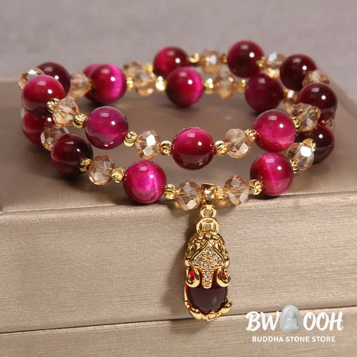 Buddha Stones Tiger Eye Pixiu Fox Money Bag Protection Self Confidence Double Wrap Bracelet - BWOOOH - Bracelet
