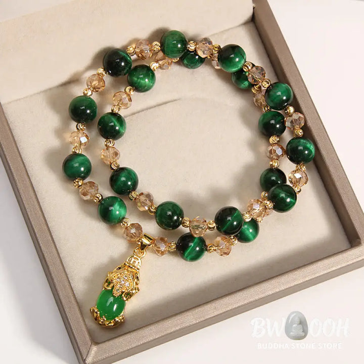 Buddha Stones Tiger Eye Pixiu Fox Money Bag Protection Self Confidence Double Wrap Bracelet - BWOOOH - Bracelet