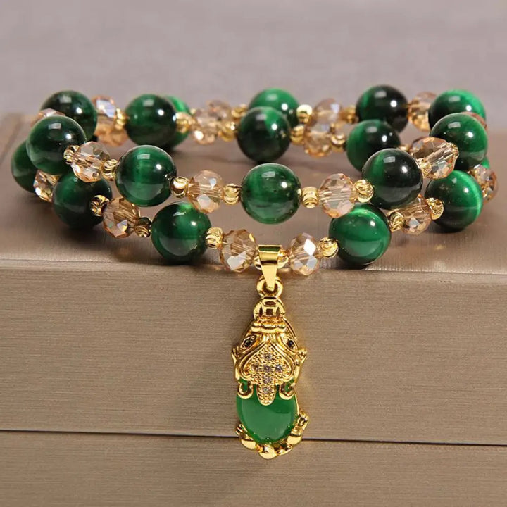 Buddha Stones Tiger Eye Pixiu Fox Money Bag Protection Self Confidence Double Wrap Bracelet - BWOOOH - Green Tiger
