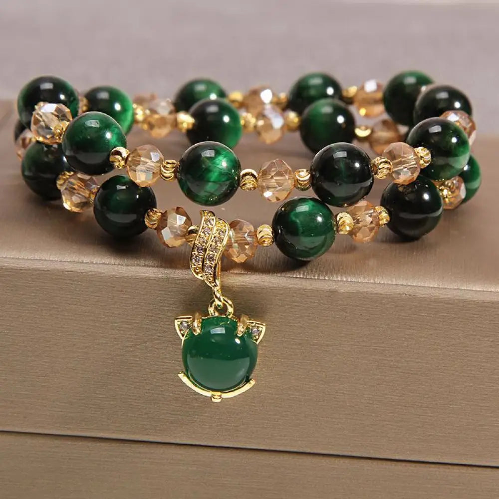 Buddha Stones Tiger Eye Pixiu Fox Money Bag Protection Self Confidence Double Wrap Bracelet - BWOOOH - Green Tiger