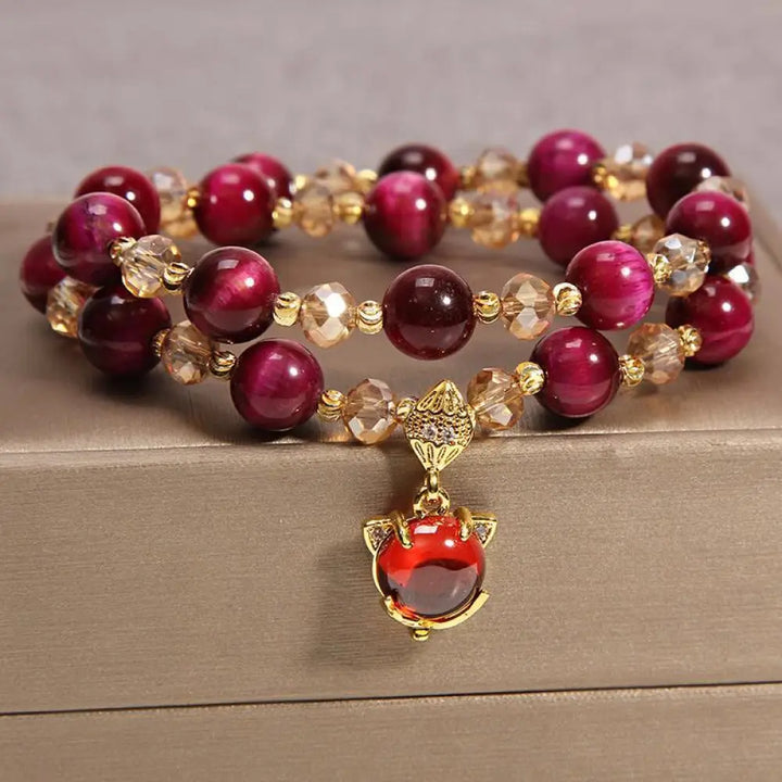 Buddha Stones Tiger Eye Pixiu Fox Money Bag Protection Self Confidence Double Wrap Bracelet - BWOOOH - Red Tiger