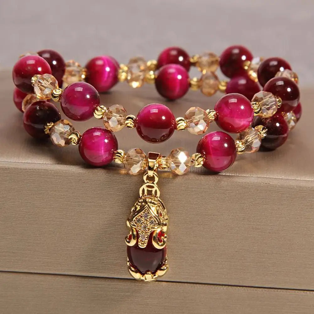 BWOOOH Tiger Eye Pixiu Fox Money Bag Protection Self Confidence Double Wrap Bracelet - BWOOOH - Red Tiger