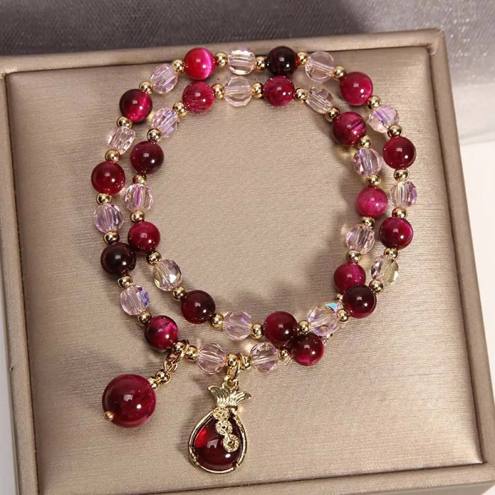 Buddha Stones Tiger Eye Pixiu Fox Money Bag Protection Self Confidence Double Wrap Bracelet - BWOOOH - Red Tiger