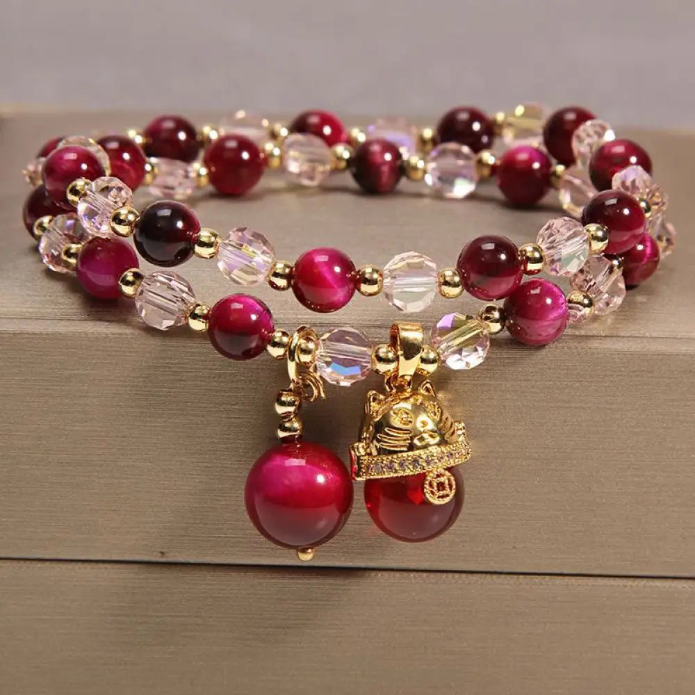 Buddha Stones Tiger Eye Pixiu Fox Money Bag Protection Self Confidence Double Wrap Bracelet - BWOOOH - Red Tiger