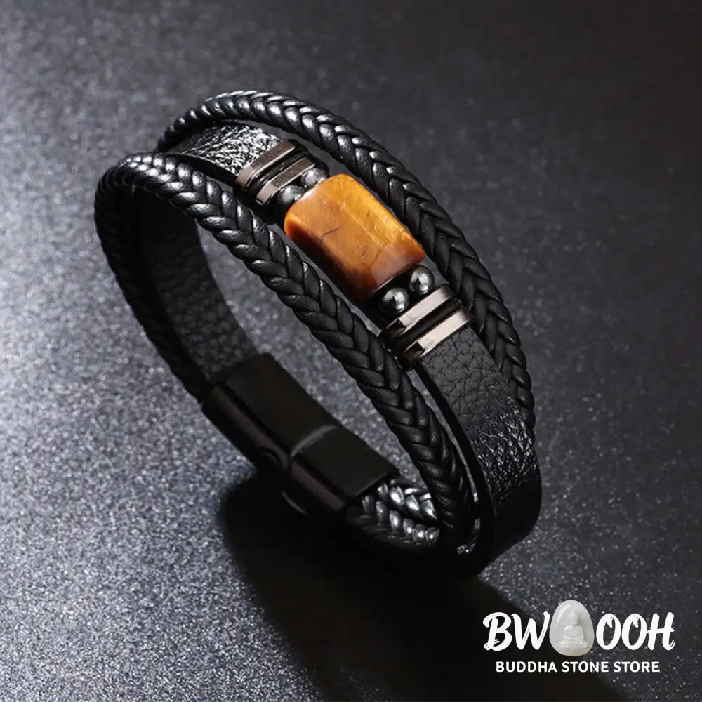 BWOOOH Tiger Eye Power Magnetic Buckle Multilayered Leather Bracelet - One Tiger Eye Stone / 19cm - Bracelet