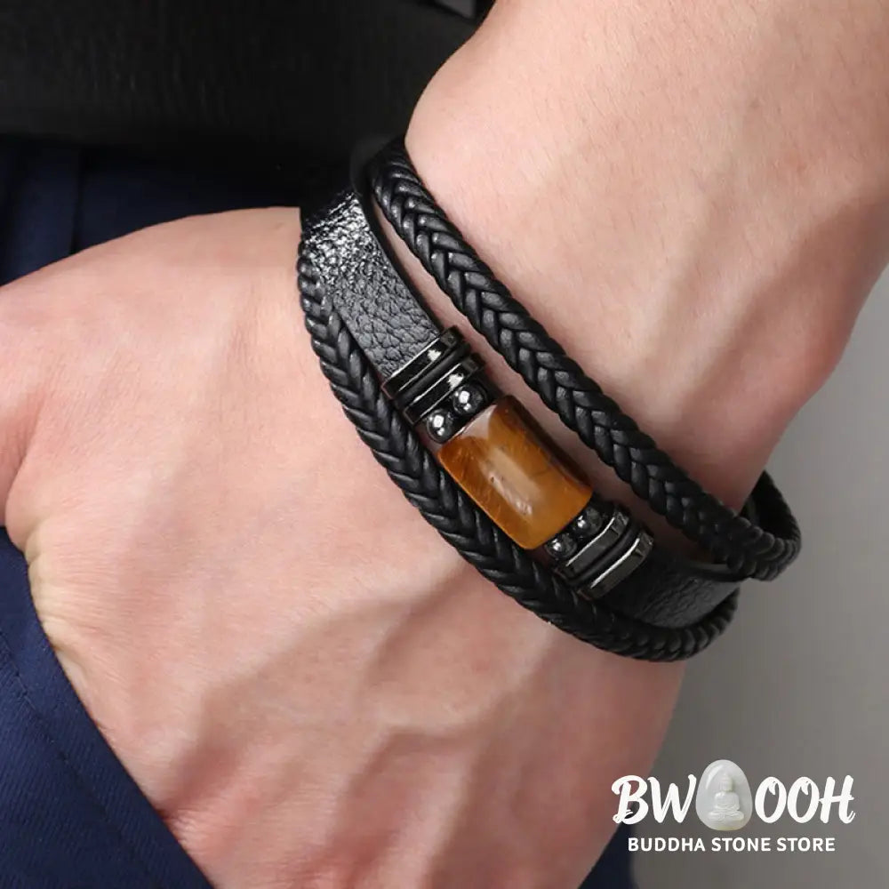 BWOOOH Tiger Eye Power Magnetic Buckle Multilayered Leather Bracelet - One Tiger Eye Stone / 19cm - Bracelet