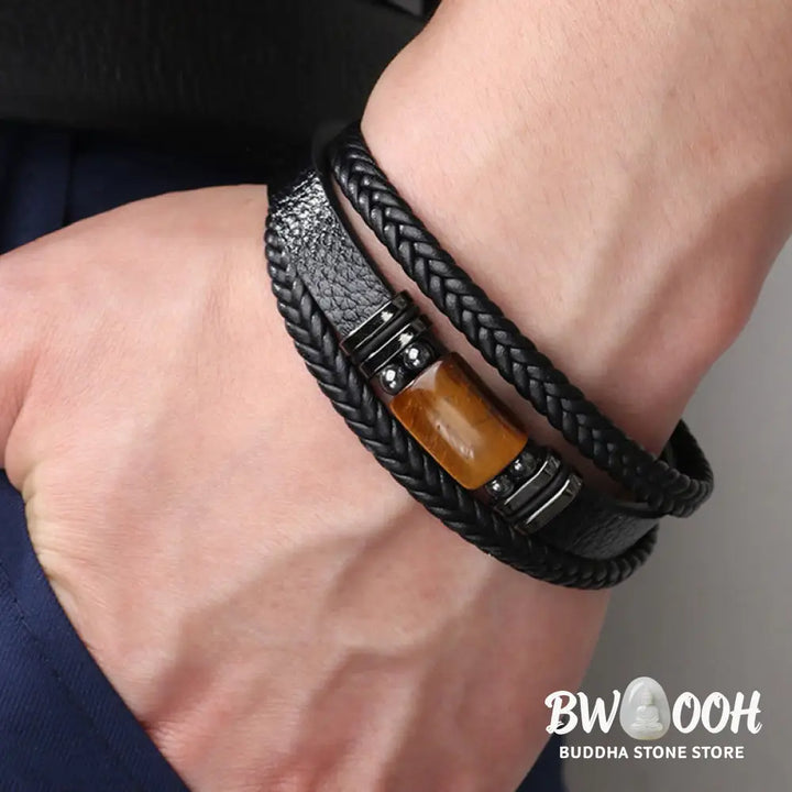 BWOOOH Tiger Eye Power Magnetic Buckle Multilayered Leather Bracelet - One Tiger Eye Stone / 19cm - Bracelet