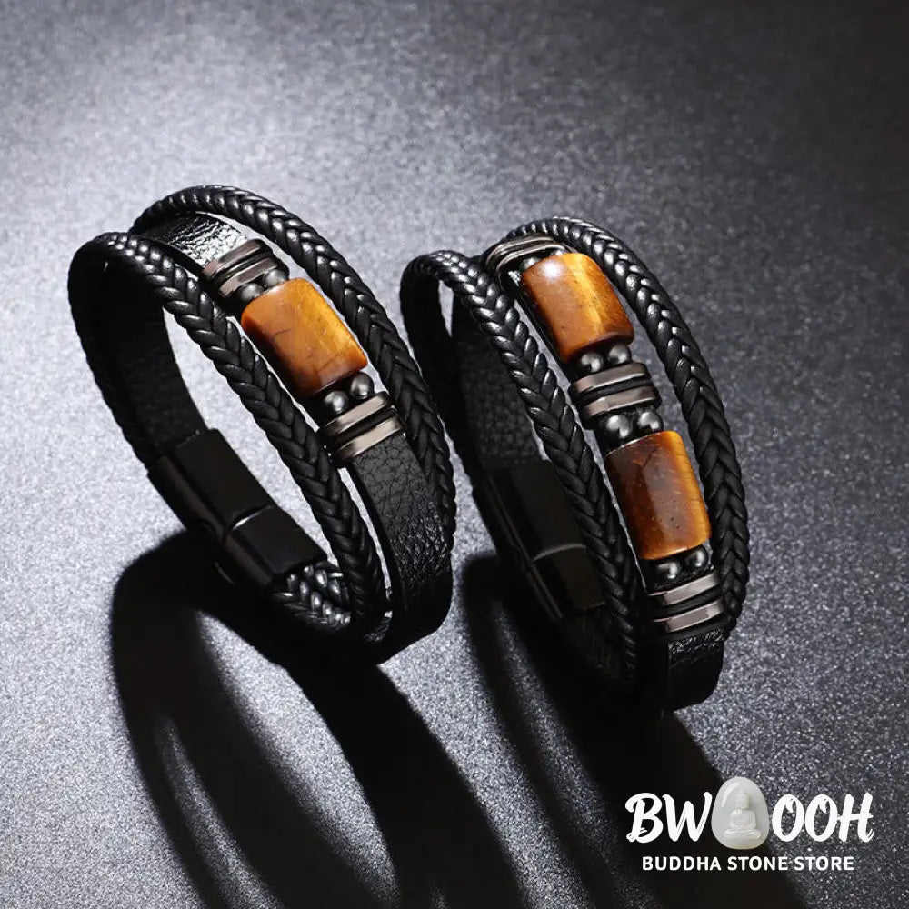 BWOOOH Tiger Eye Power Magnetic Buckle Multilayered Leather Bracelet - One Tiger Eye Stone / 19cm - Bracelet