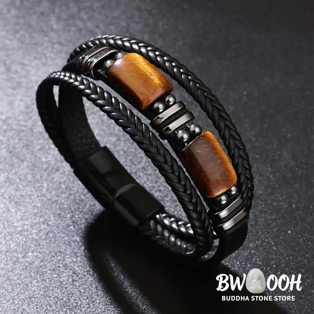 BWOOOH Tiger Eye Power Magnetic Buckle Multilayered Leather Bracelet - One Tiger Eye Stone / 19cm - Bracelet