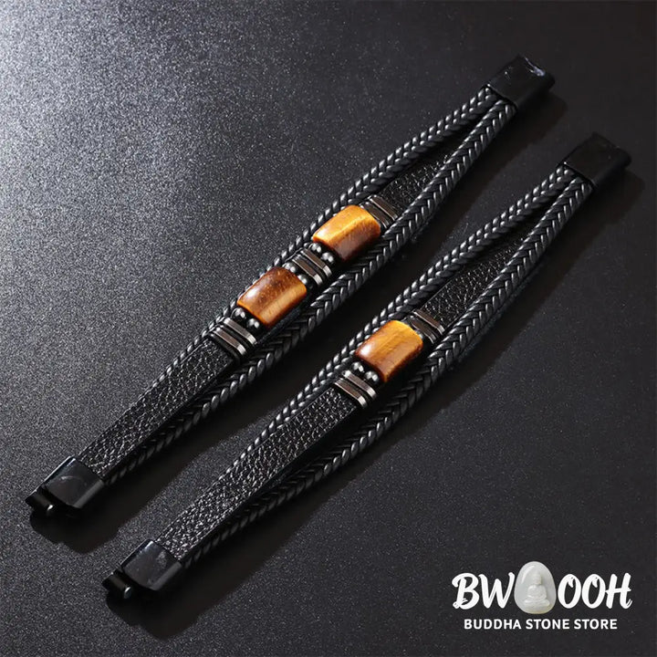 BWOOOH Tiger Eye Power Magnetic Buckle Multilayered Leather Bracelet - One Tiger Eye Stone / 19cm - Bracelet