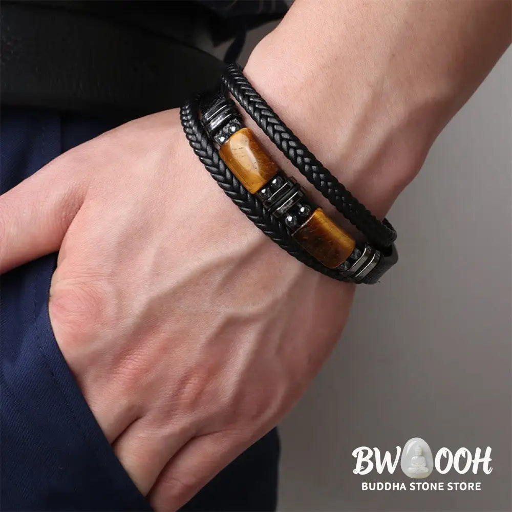 BWOOOH Tiger Eye Power Magnetic Buckle Multilayered Leather Bracelet - One Tiger Eye Stone / 19cm - Bracelet