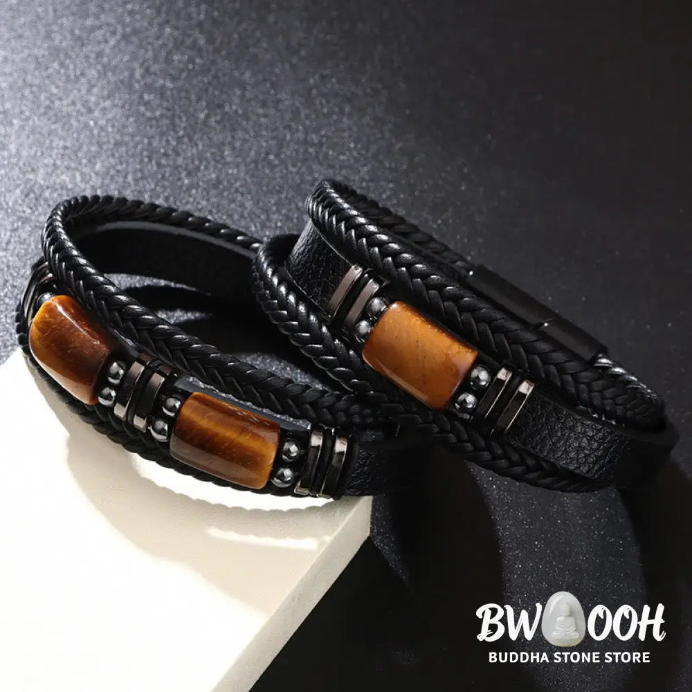 BWOOOH Tiger Eye Power Magnetic Buckle Multilayered Leather Bracelet - One Tiger Eye Stone / 19cm - Bracelet