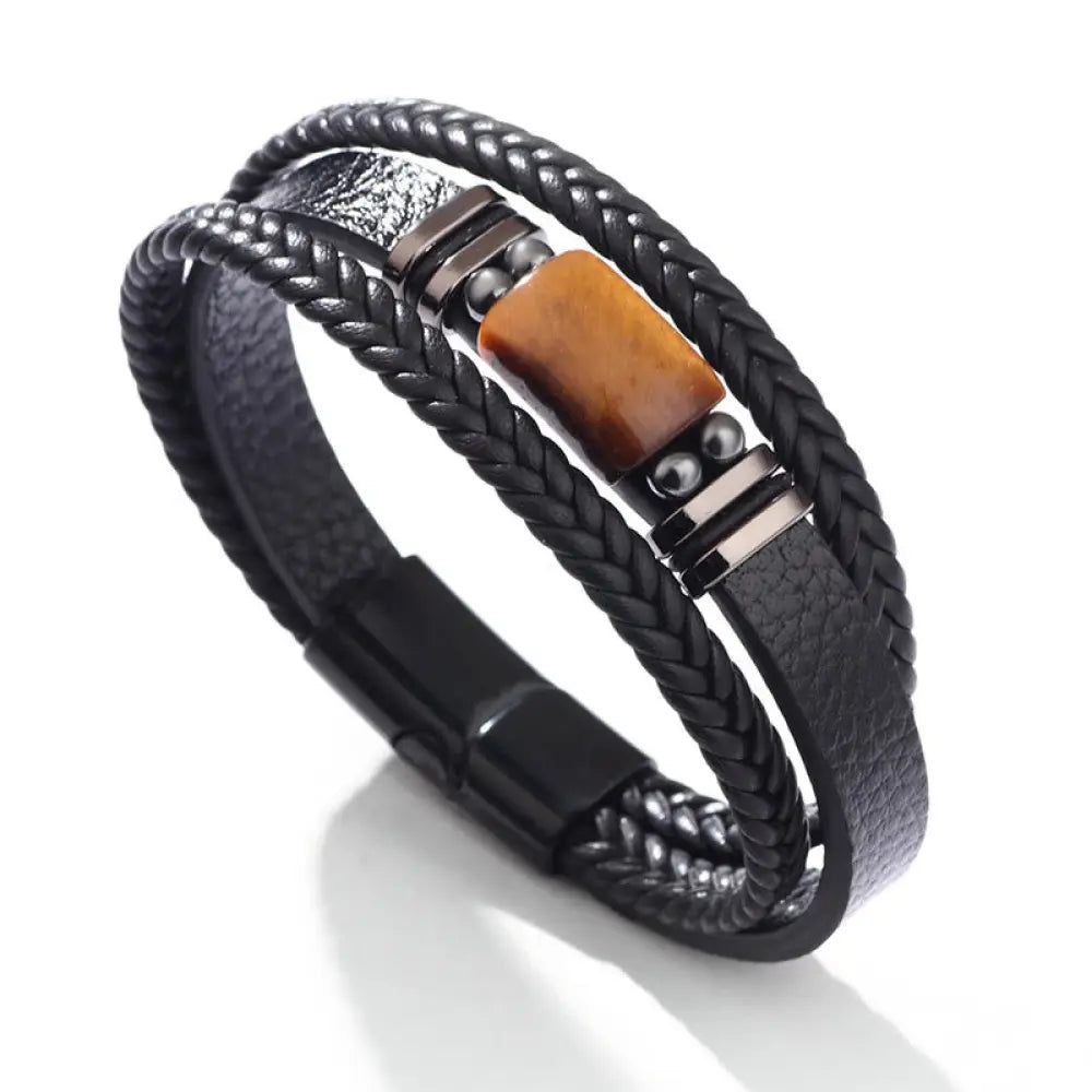 BWOOOH Tiger Eye Power Magnetic Buckle Multilayered Leather Bracelet - One Tiger Eye Stone / 19cm - Bracelet