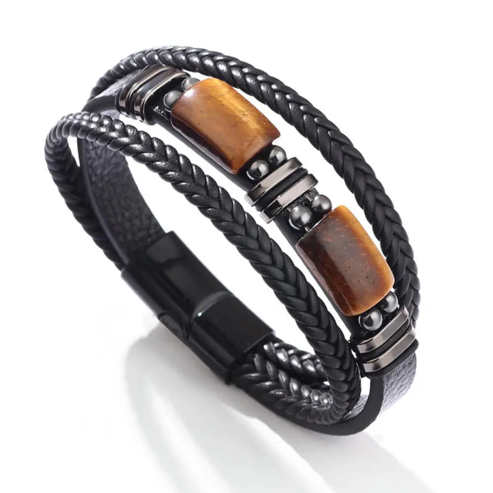 BWOOOH Tiger Eye Power Magnetic Buckle Multilayered Leather Bracelet - One Tiger Eye Stone / 19cm - Bracelet